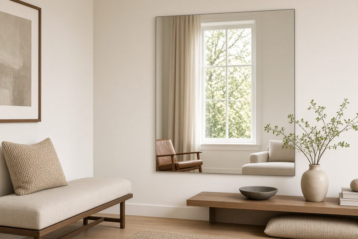 Large frameless wall mirror doubling natural window light in a modern Los Angeles living room